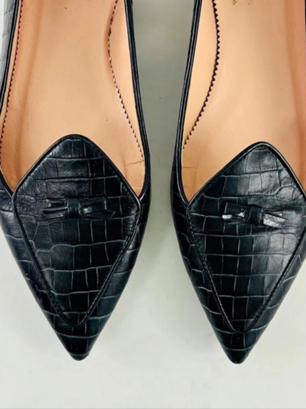 J.Crew Womens Pointed Toe Croc Embossed Leather Bow Flats Black US 10